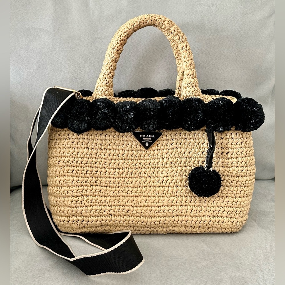 Prada raffia Pom Pom limited edition tote with unbranded canvas strap